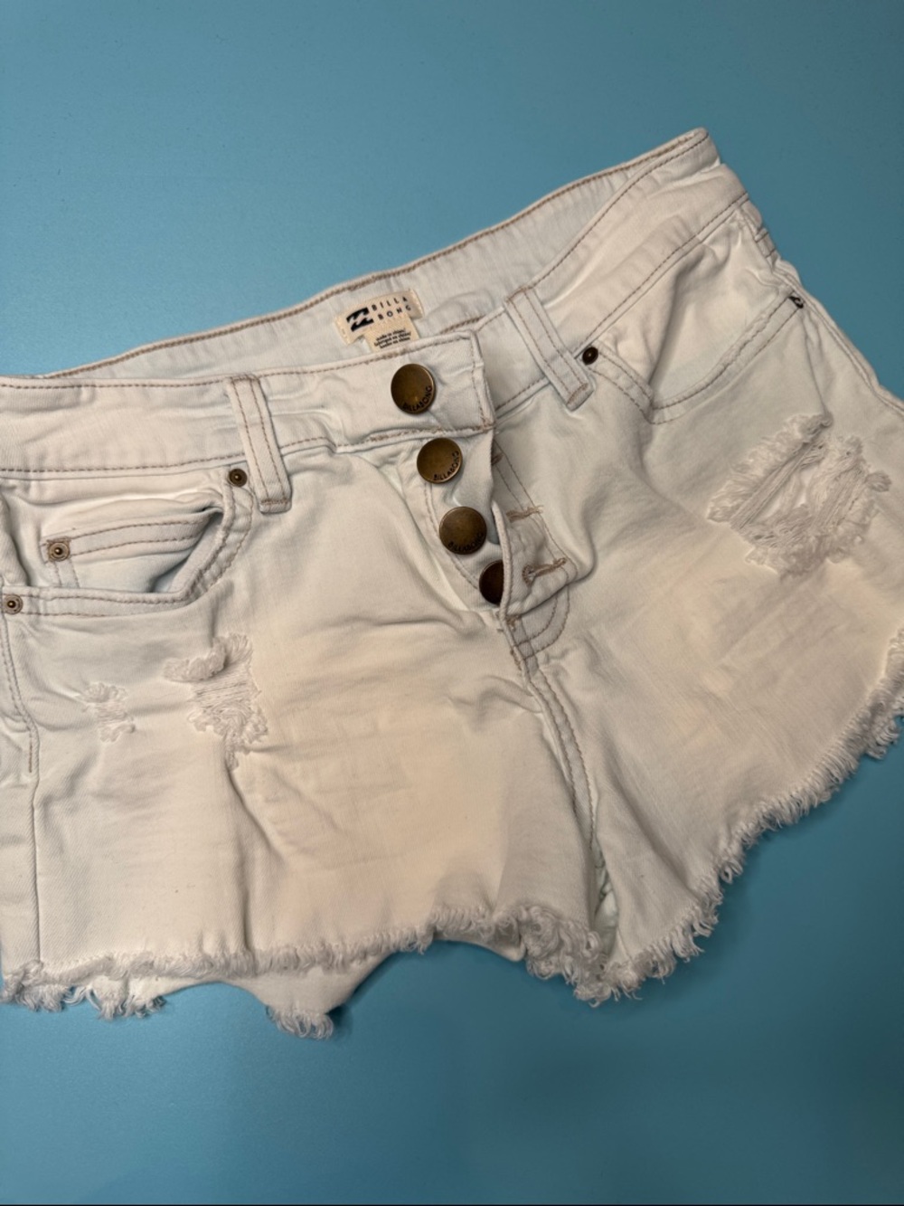 Billabong White Distressed Denim Cutoff Shorts with Button-Fly